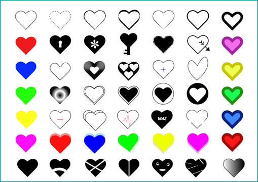 Grid of hearts in multiple colors and symbolic designs (keyhole, flower, heartbeat, geometric).