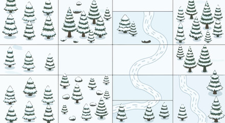 Isometric winter forest map tiles, snowy pine tree landscape kit, white and blue frozen wilderness environment, modular nature game assets © Allah k hwaly