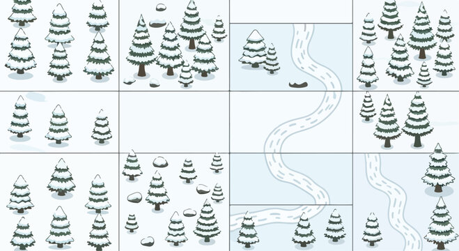 Isometric winter forest map tiles, snowy pine tree landscape kit, white and blue frozen wilderness environment, modular nature game assets