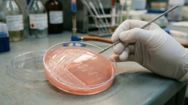 Scientist performing a streak plate method on an agar petri dish in a lab