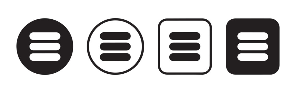 Minimalist menu icon variations in circle and square containers for website user interface layouts.