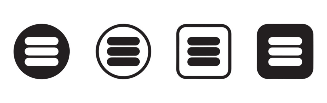 Minimalist menu icon variations in circle and square containers for website user interface layouts.