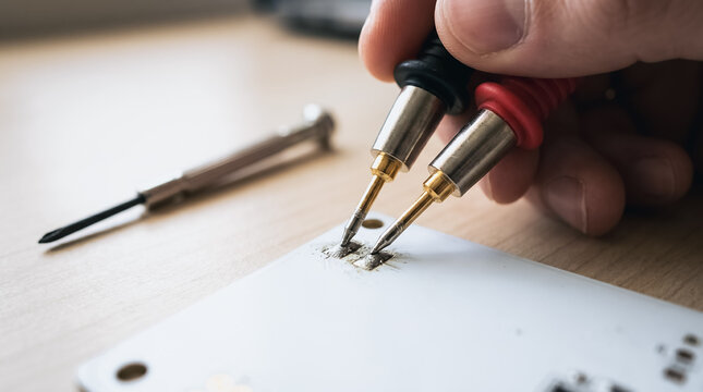 Technician Testing Electronics Circuit Board with Multimeter Probes for Hardware Repair and Quality Control in Macro Detail