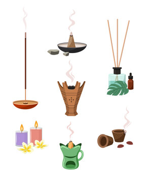  Aromatherapy element set. Incense sticks, bakhoor, diffuser, essential oils, aromatherapy candles, sambrani, and dhoop burner