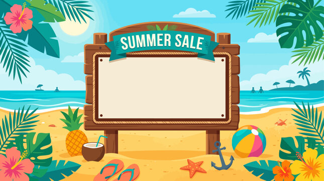 Summer Sale Wooden Sign Flat Vector Background Copy Space