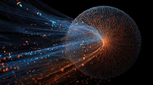 Glowing particles stream from a dynamic, abstract, textured sphere