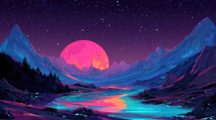 Fototapeta premium Vibrant Retro Sunset Over Mountain Valley River.