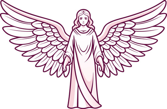 Divine celestial angel with white feathered wings and golden halo. Realistic guardian angel figure floating in a glowing sky. Ethereal spirit angel with flowing white robes and light rays.