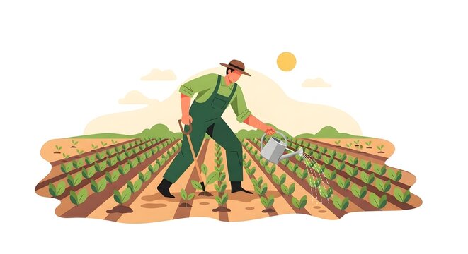 A diligent farmer tenderly waters young crops under the bright sun, a beautiful representation of sustainable agriculture, rural life, and dedicated food production