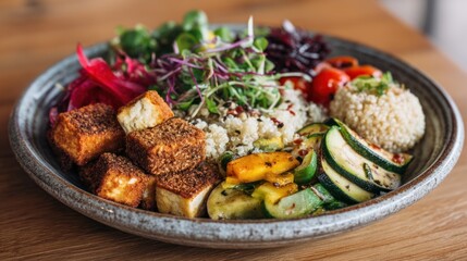Fototapeta premium A colorful, vibrant salad bowl with a variety of fresh vegetables, tofu, and grains, placed on a rustic wooden table with a warm, earthy tone.