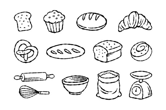 Bakery items and baking tools hand drawn outline icon design set for menu and kitchen. Bread, Pastries, and Kitchen utensils element design pack for culinary and foods. Vector Illustration
