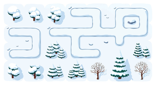 Winter landscape game assets, snowy road path and pine tree collection, isometric forest map elements for game design, white snow vector set