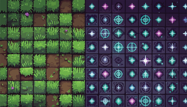 Pixel art game tileset, retro 8-bit grass and dirt ground textures, glowing magic star icons and UI elements for video game development