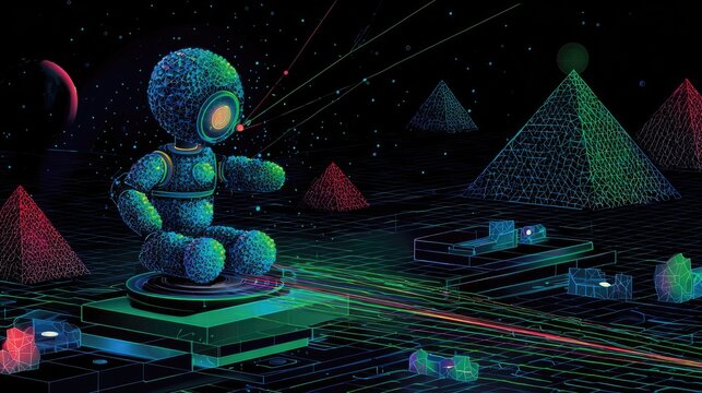 Futuristic alien meditating amidst glowing pyramids and starry cosmos