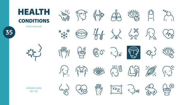 Simple Set of Health Conditions Related Vector Line Icons. Contains such Icons as Headache, Fever, Cough, Rash, Insomnia and more. Editable Stroke. Pixel Perfect Vector.