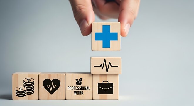 Healthcare insurance and employee benefits concept, hand stacking wooden blocks with medical cross and professional work icons, life balance