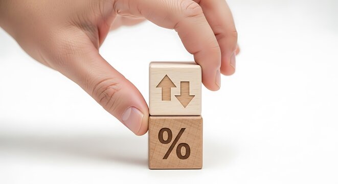 Interest rate fluctuation concept, hand stacking wooden blocks with percentage and arrow icons, financial market volatility and mortgage rate changes