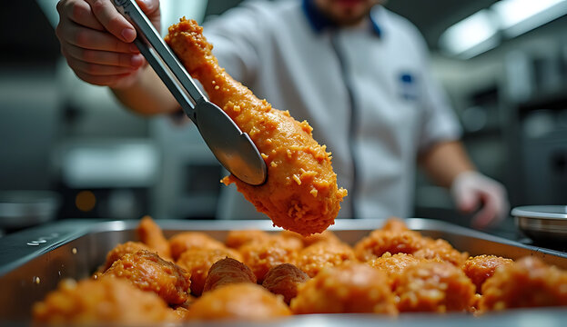 chef frying golden battered food in large restaurant kitchen with professional lighting