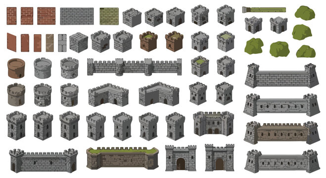 Isometric medieval castle constructor kit, stone fortress walls and towers vector set, 2D game environment assets for fantasy map building
