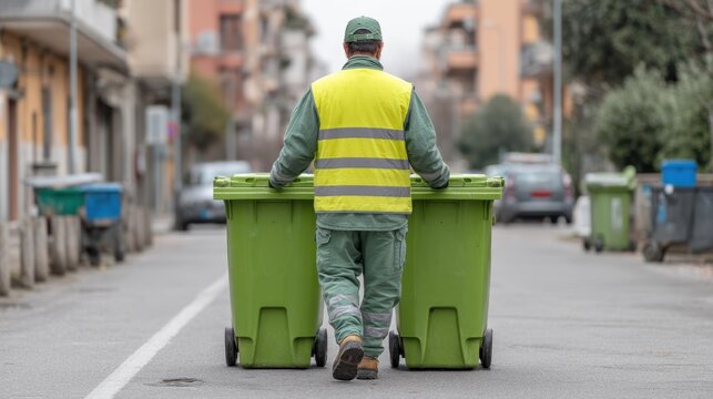 Urban Waste Collector Managing Overflowing Bins in City Street with Green Waste Containers, Promoting Effective Waste Handling and Environmental Cleanliness