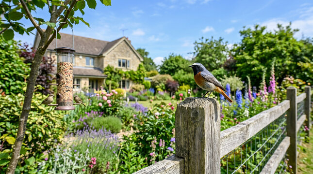 Common redstart perched on a wooden fence in a beautiful garden