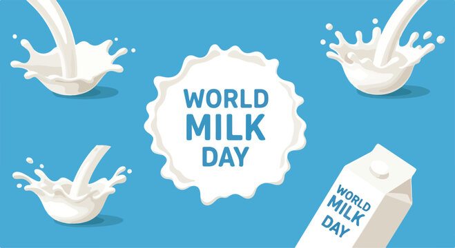 A blue poster with milk splashes and carton