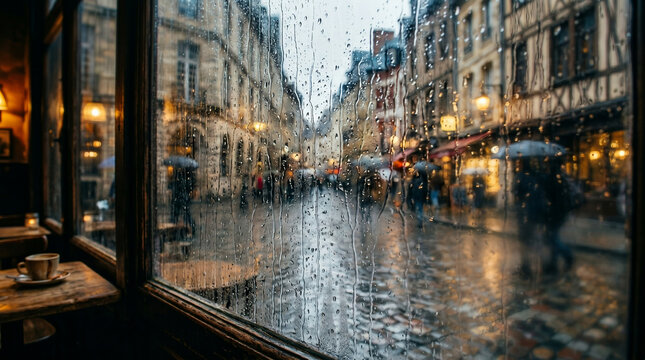 Rainy day view from a cozy cafe window onto a historic european street