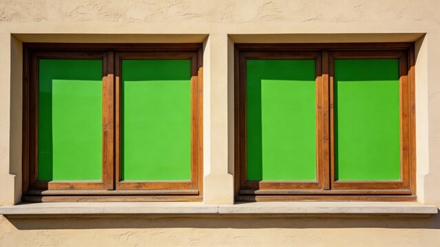 Front View Wooden Double Window With Green Screen Glass On Beige Wall Clean Architectural Mockup Background