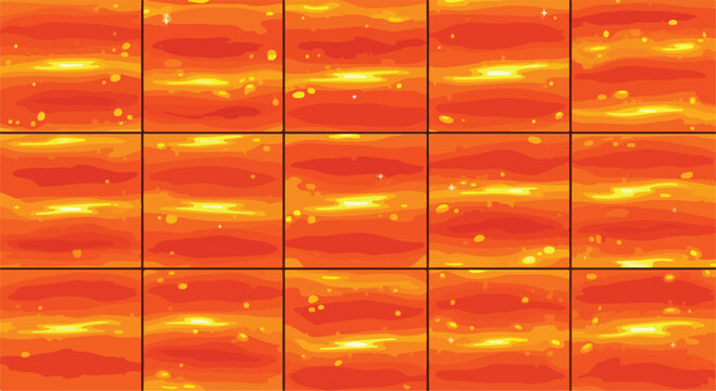 Molten lava texture sprite sheet, seamless orange magma liquid animation frames, glowing volcanic fire surface for game design, 15 vector tiles