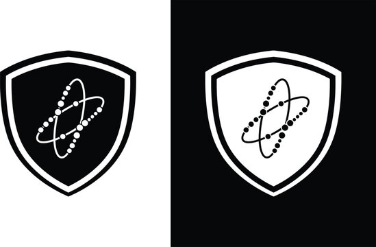 Shield icon with atom symbol in black and white