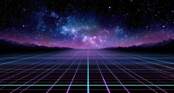 Retro Futuristic Neon Grid Landscape Under a Cosmic Galaxy Sky.