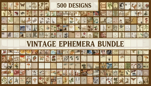 Vintage ephemera bundle with 500 designs, antique paper scrapbooking elements, retro botanical and butterfly illustrations, junk journal clipart collection