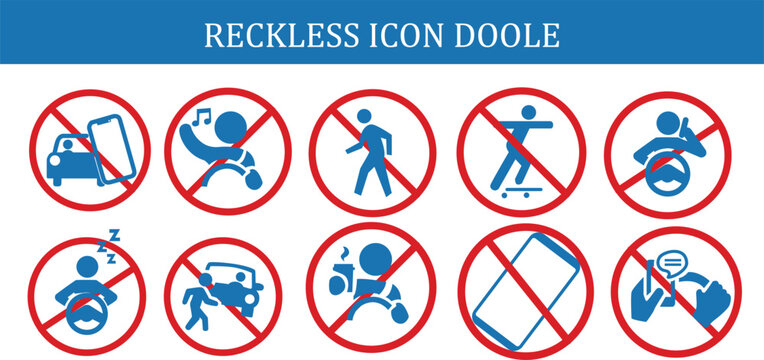 Reckless behavior prohibition icon set. Bold red and blue warning symbols covering distracted driving, texting, sleeping and unsafe acts for safety awareness designs.