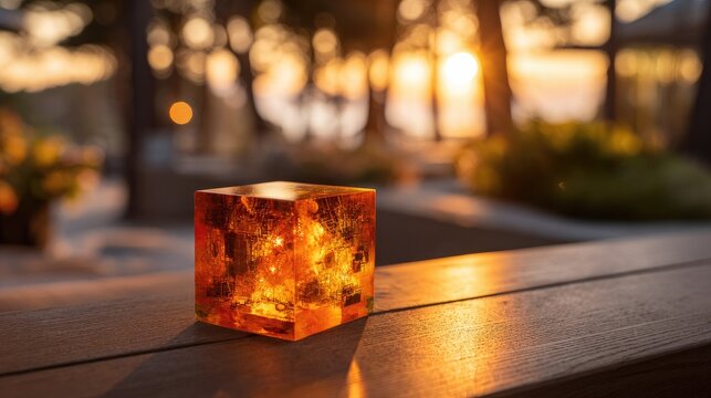 Glowing amber cube on a wooden surface at sunset