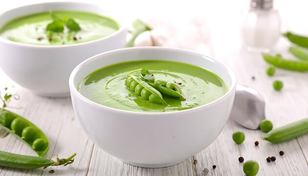 Fresh pea soup in white bowls with green peas and pods