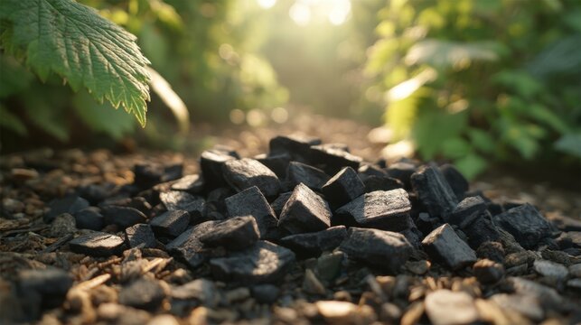 Biochar Pieces Exposed to Sunlight Among Green Plants in a Natural Setting
