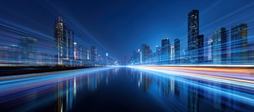 Abstract Cityscape at Night with Light Trails and Reflections.
