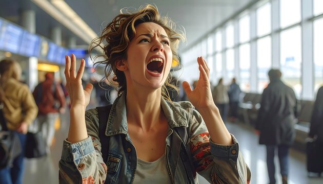 A woman in an airport with a shocked expression