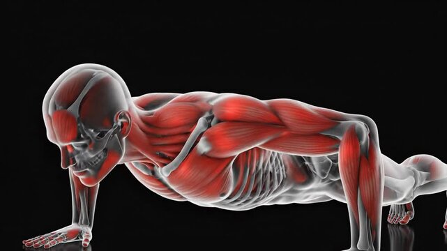 3D anatomical illustration of human muscular system performing pushups on a dark background