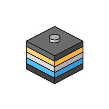 Isometric layered cube icon representing data stack, information layers, or a foundational building block. Modern digital graphic for technology and structure concepts.