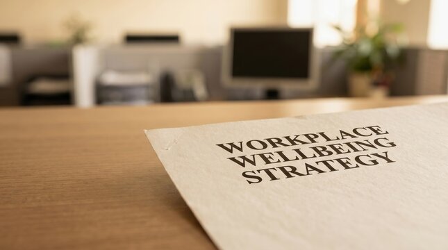 Mental Health Workplace Policy concept. Workplace wellbeing strategy document on office desk with blurred background.