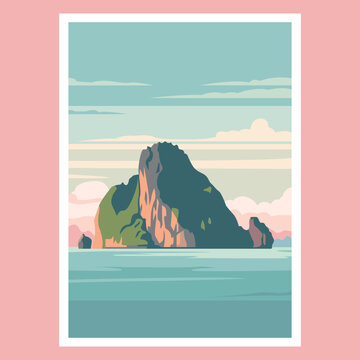 Minimalist flat vector illustration of a limestone karst island rising from a calm turquoise sea.