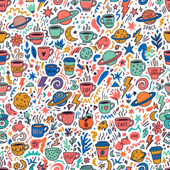 Cosmic cafe a whimsical pattern of planets coffee and celestial delights © mstfaridaiasmin