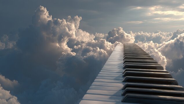 Piano Keyboard Path Leading Through Ethereal Clouds Towards Heavenly Light.