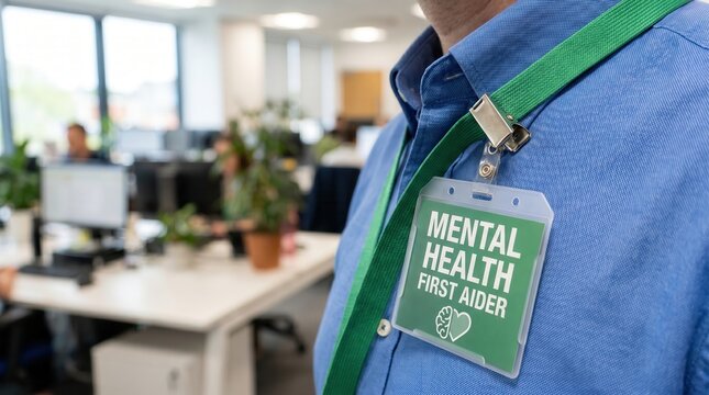 Mental Health Workplace Policy concept. Mental health first aider badge worn in an office environment.