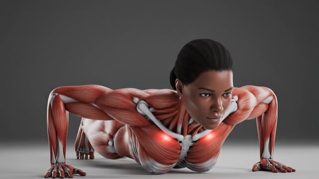 3D illustration of female muscular system performing push ups with highlighted chest muscles on gray background