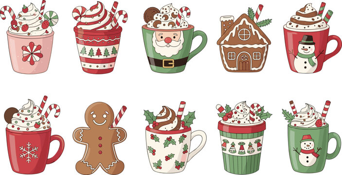 PrintCute Christmas Holiday Hot Drinks And Mugs Set Vector Illustration Isolated White Background Santa Snowman Gingerbread Cocoa Design Collection