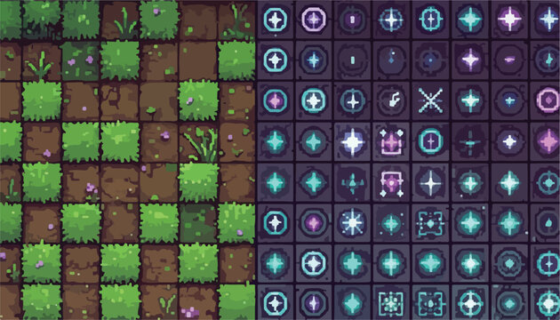 Pixel art game assets, seamless grass and dirt ground tiles, glowing magic effect icons set, 2D top-down RPG environment vector elements
