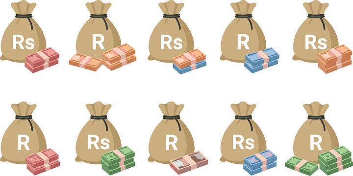 Rupee And Rand Currency Money Bag And Cash Bundle Set Vector Illustration Isolated White Background Finance Wealth Design Collection