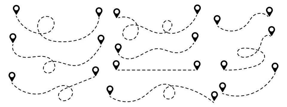 Airplane routes flight path vector with location pins. Airplane line path icon of air plane flight route with start point and dash dotted line trace.